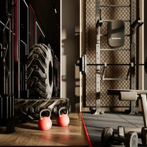 a gym with a row of exercise equipment